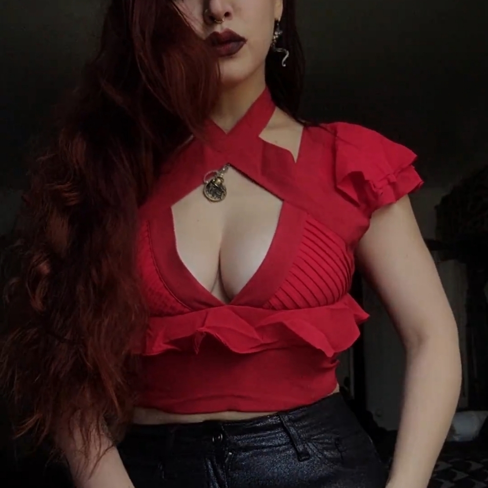 Red cut-out v-neck vampy top